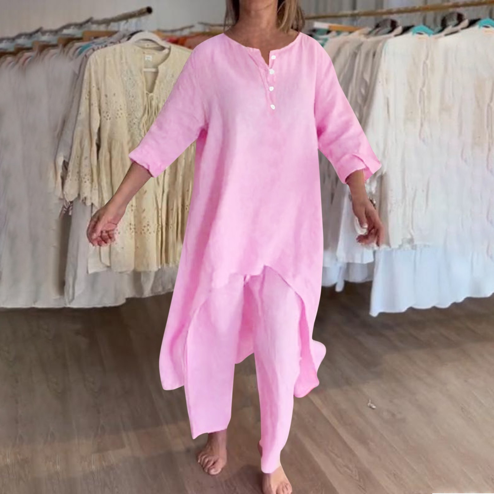 thumbnail image 2 of Traje de dos piezas de moda 2025 para mujer: top de manga larga irregular y pantalones de pierna ancha. Conjunto informal de estilo oriental., 2 of 8